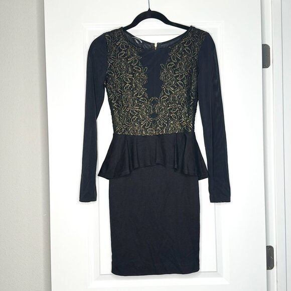 BEBE | Evening Dress w/ Sheer Sleeves | Black and Gold |  XS - Picture 1 of 11